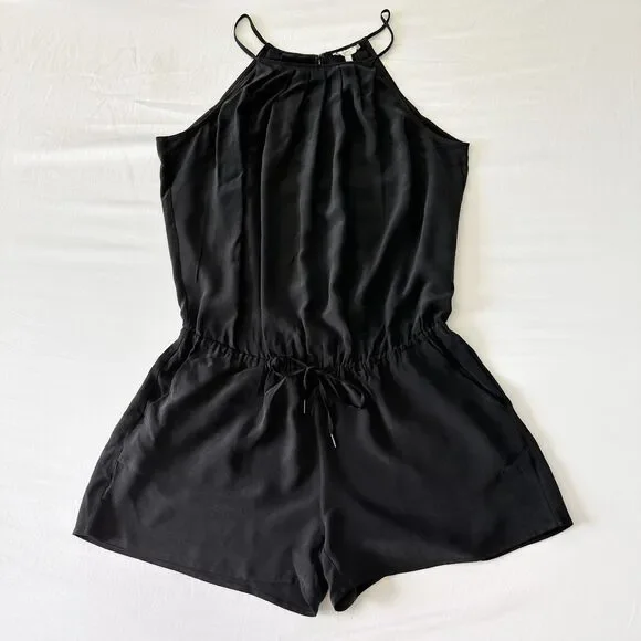 Joie 100% Silk Black Romper Womens Medium Halter Sleeveless Pockets Dressy